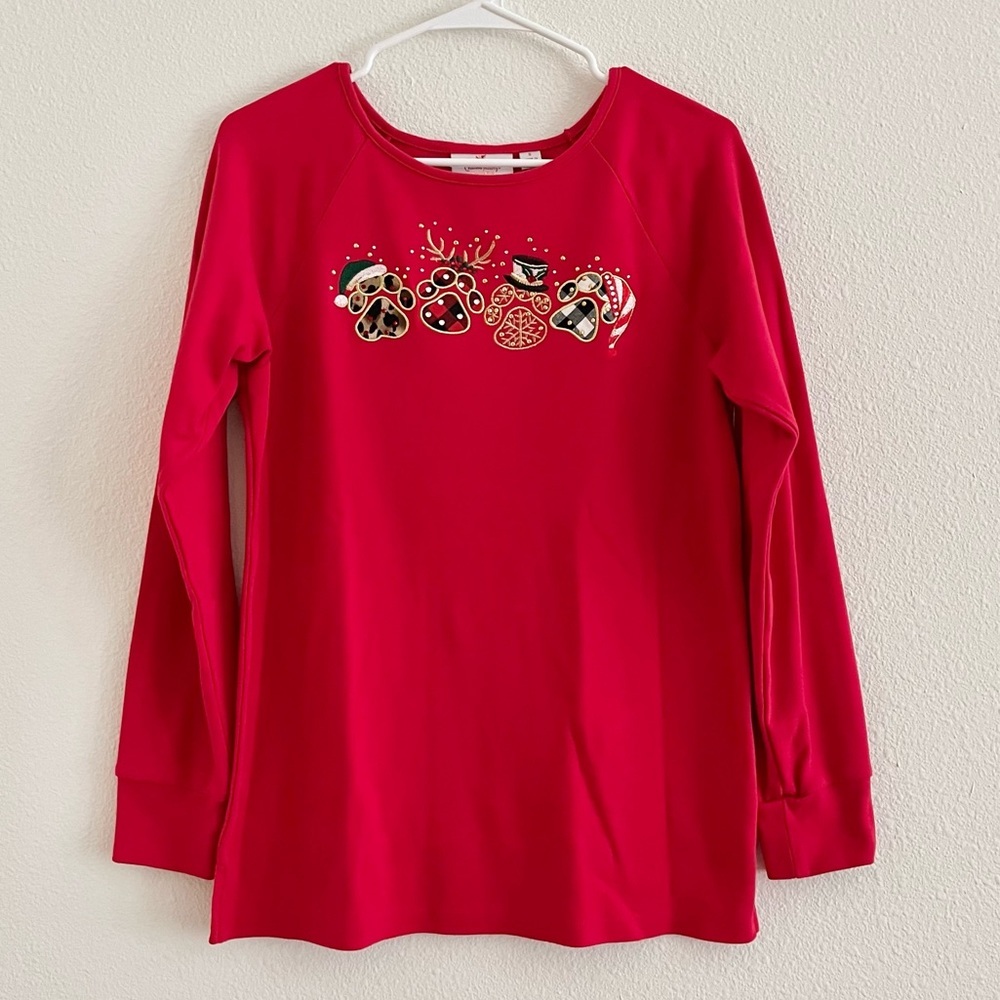 VTG Quacker Factory Red Christmas Holiday Paw Print Bling Long Sleeve Shirt S